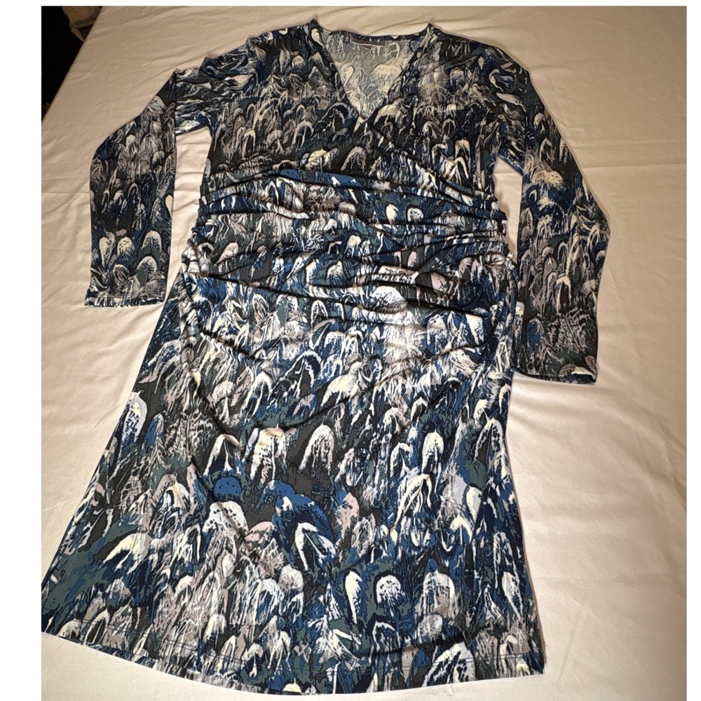 Jennifer Lopez Blue Abstract Print Faux Wrap Sheath Dress Long Sleeve XL